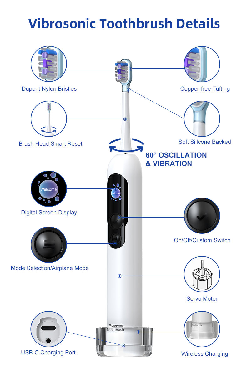 Custom Vibrosonic Tooth Brush Smart Sonic Electric Toothbrush LED Intelligent Display Digital Screen Toothbrush for Adults