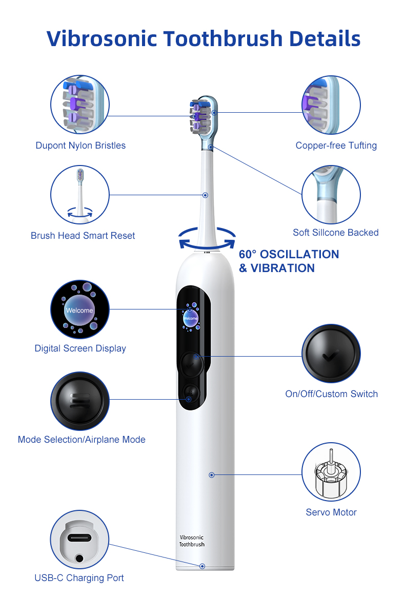 Vibrosonic Toothbrush Sweep Wave Rechargeable Adults Smart Sonic Electric Toothbrush with Digital Screen
