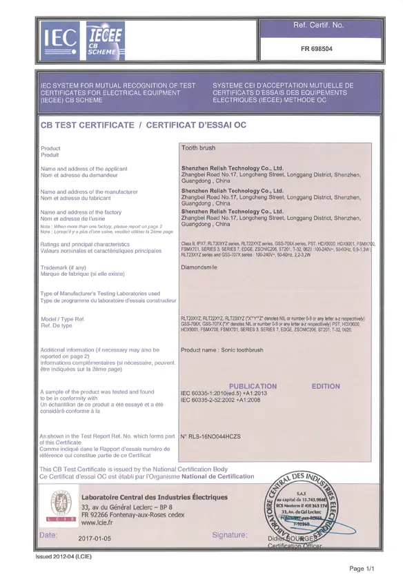 electric toothbrush certificate CB