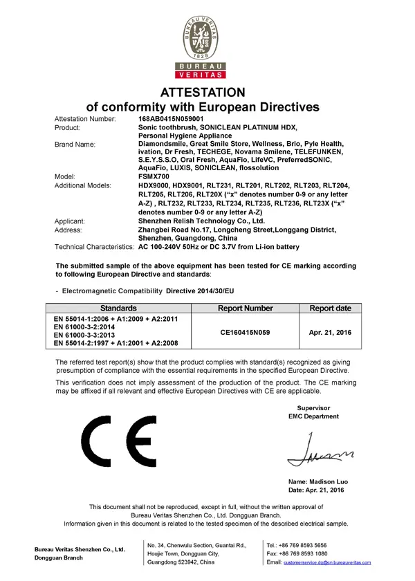 Certificado de cepillo de dientes eléctrico CE