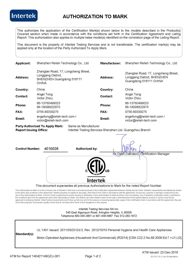 electric toothbrush certificate CETL