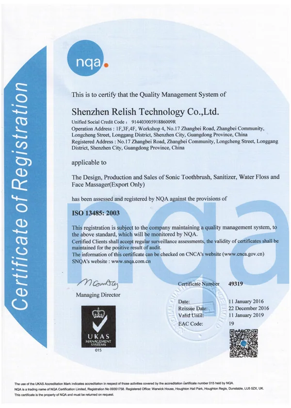 Certificado de cepillo de dientes eléctrico ISO03485
